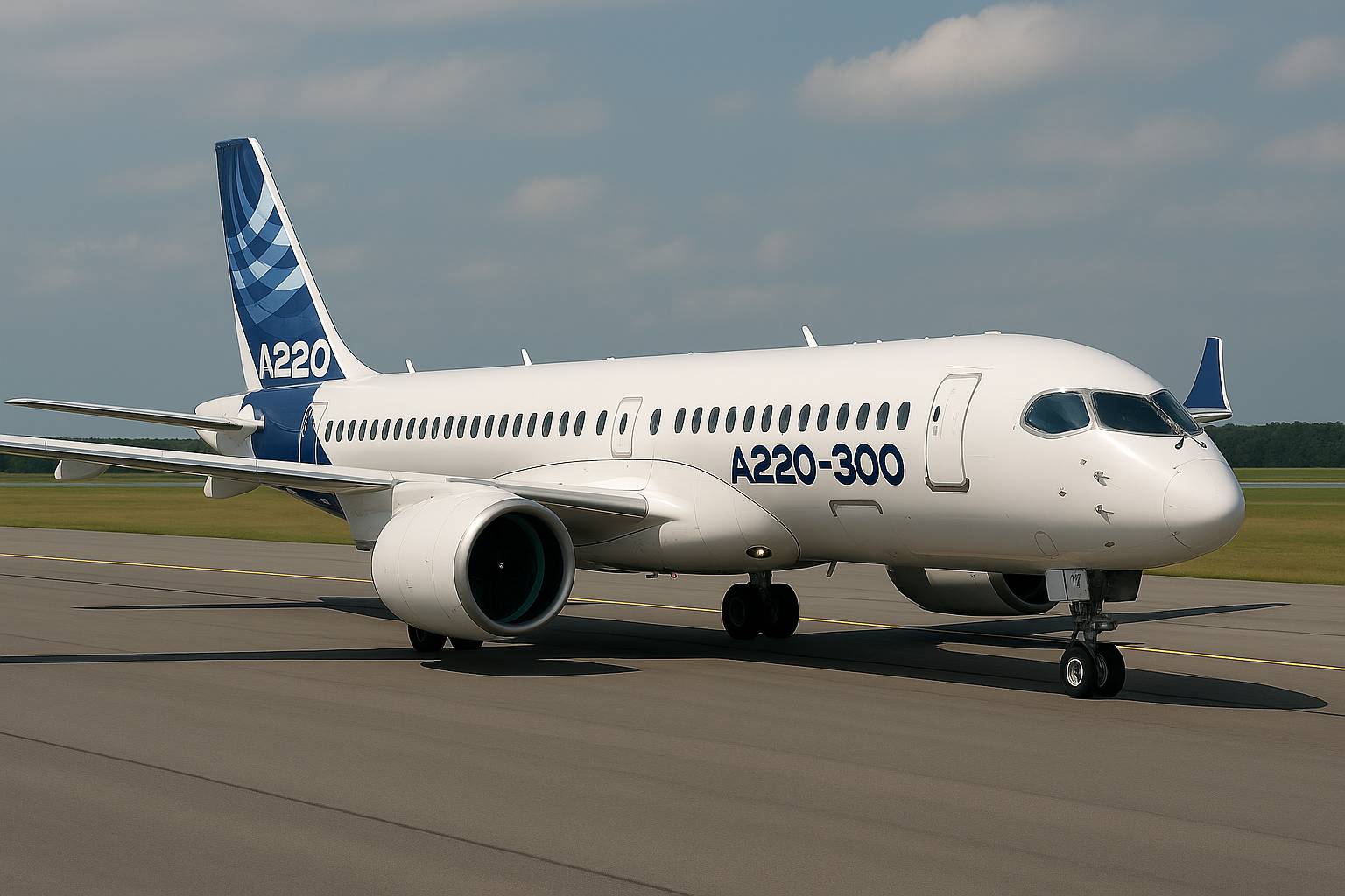 Airbus A220-300 aircraft taxiing on runway showcasing Airbus Spirit AeroSystems deal impact on A220 production