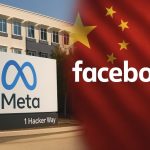 Meta China censorship — Meta and Facebook logos contrasted with Chinese flag in a symbolic image representing data sharing and political suppression