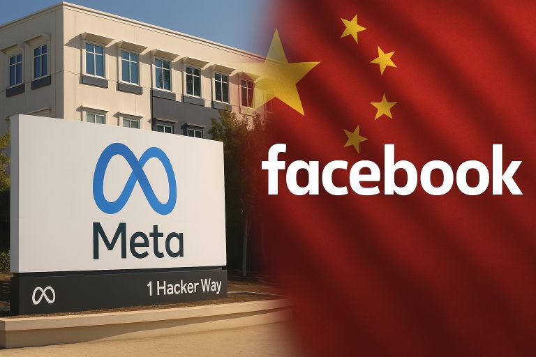 Meta China censorship — Meta and Facebook logos contrasted with Chinese flag in a symbolic image representing data sharing and political suppression