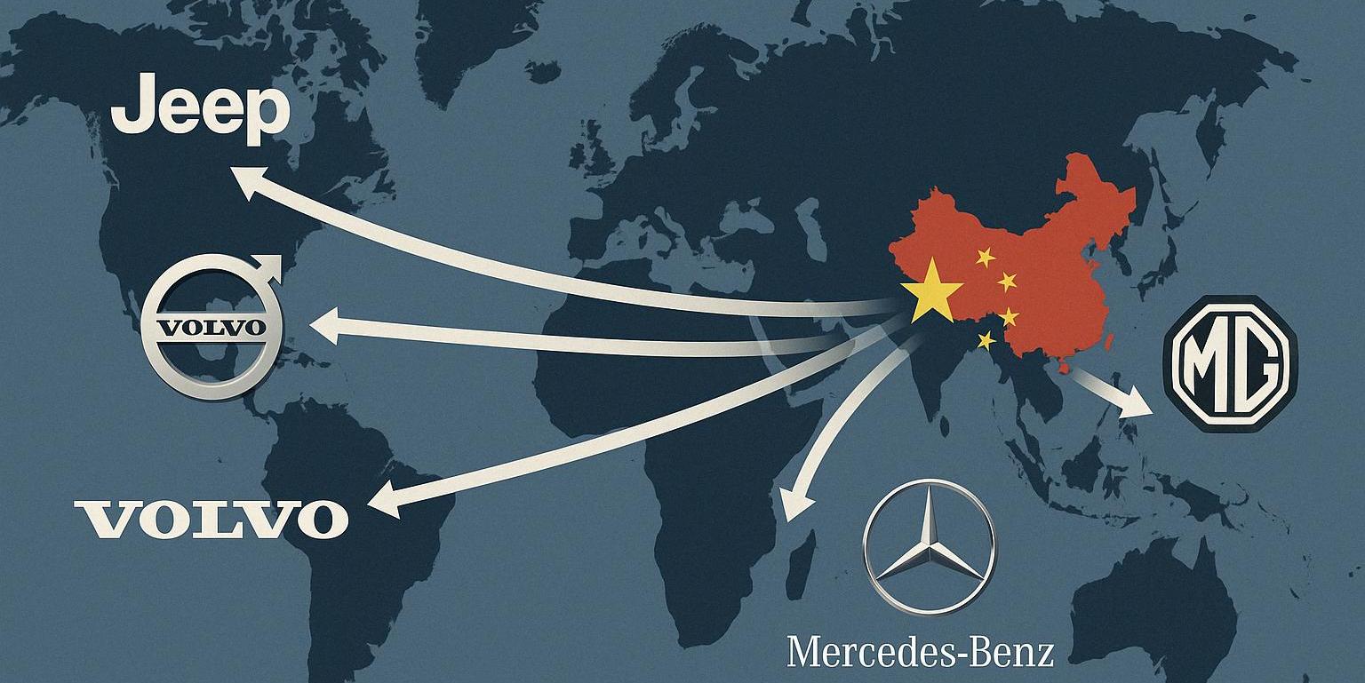 Map showing China’s influence over global car brands like Volvo, Jeep, Mercedes-Benz, and MG, highlighting China auto industry influence worldwide.