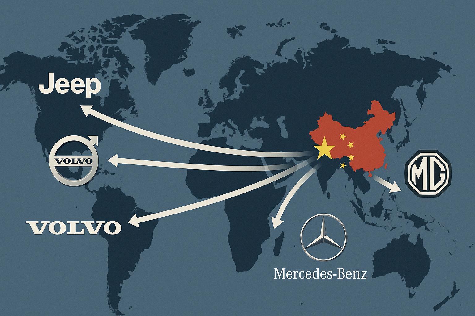 Map showing China’s influence over global car brands like Volvo, Jeep, Mercedes-Benz, and MG, highlighting China auto industry influence worldwide.