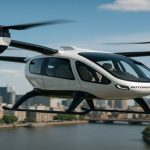 Autonomous air taxi flying over a UK city, representing the future of air mobility in the UK