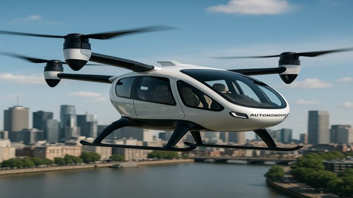 Autonomous air taxi flying over a UK city, representing the future of air mobility in the UK