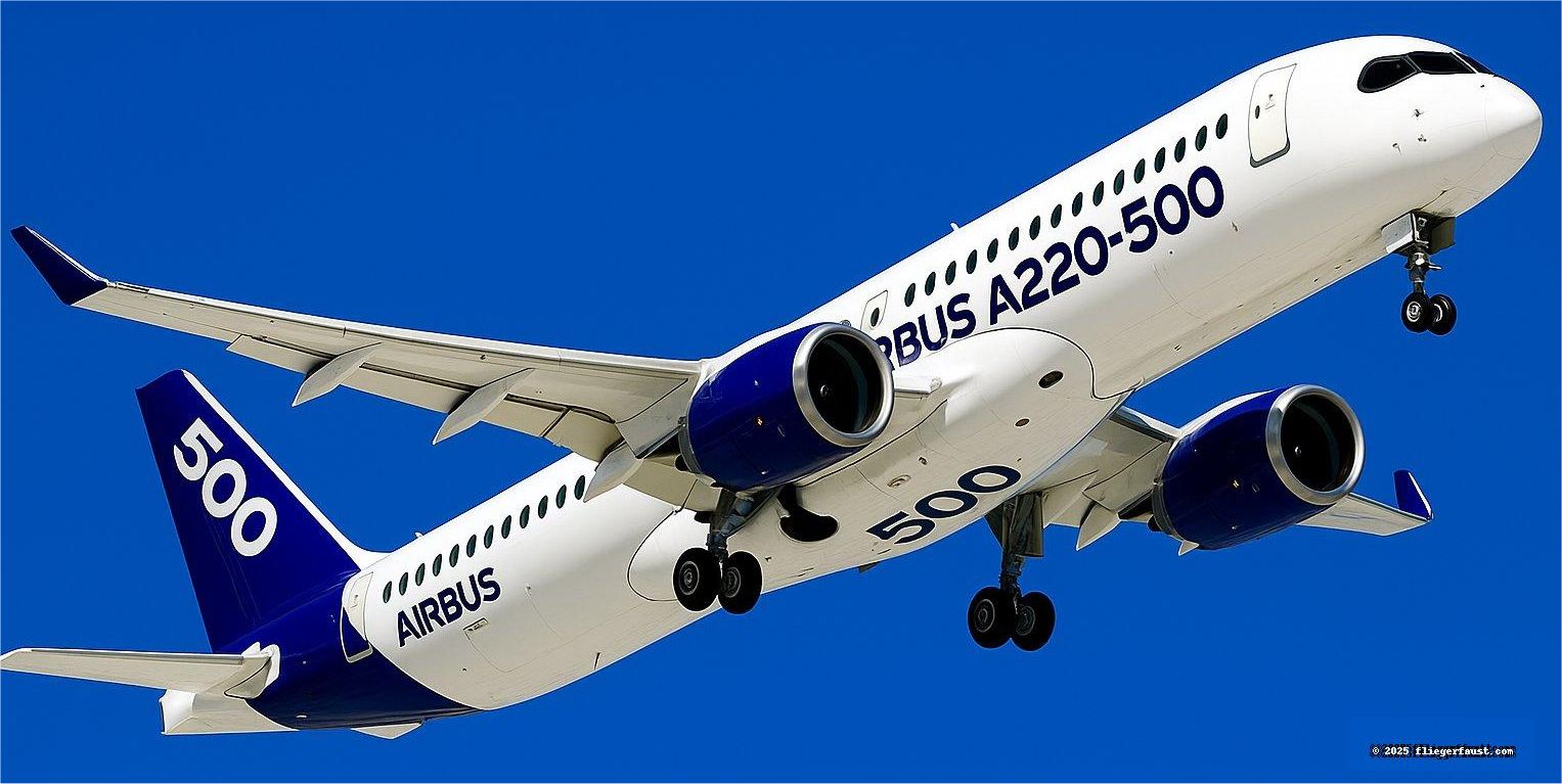 Airbus A220-500 stretched fuselage climbing in a clear blue sky, showing extra cabin windows and bold “500” tail marking