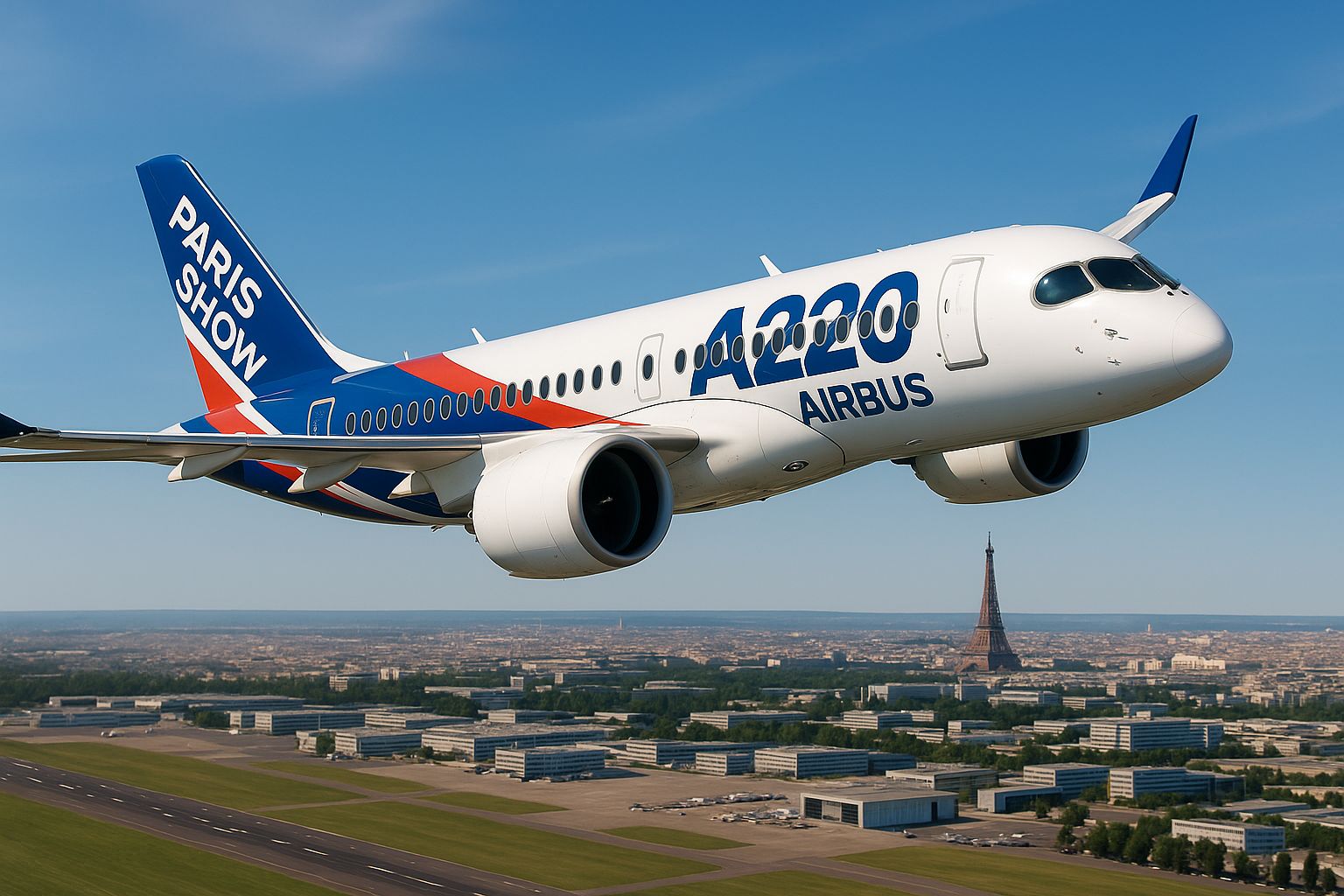 Airbus A220 deals - Jet banking above Paris Air Show with Eiffel Tower behind