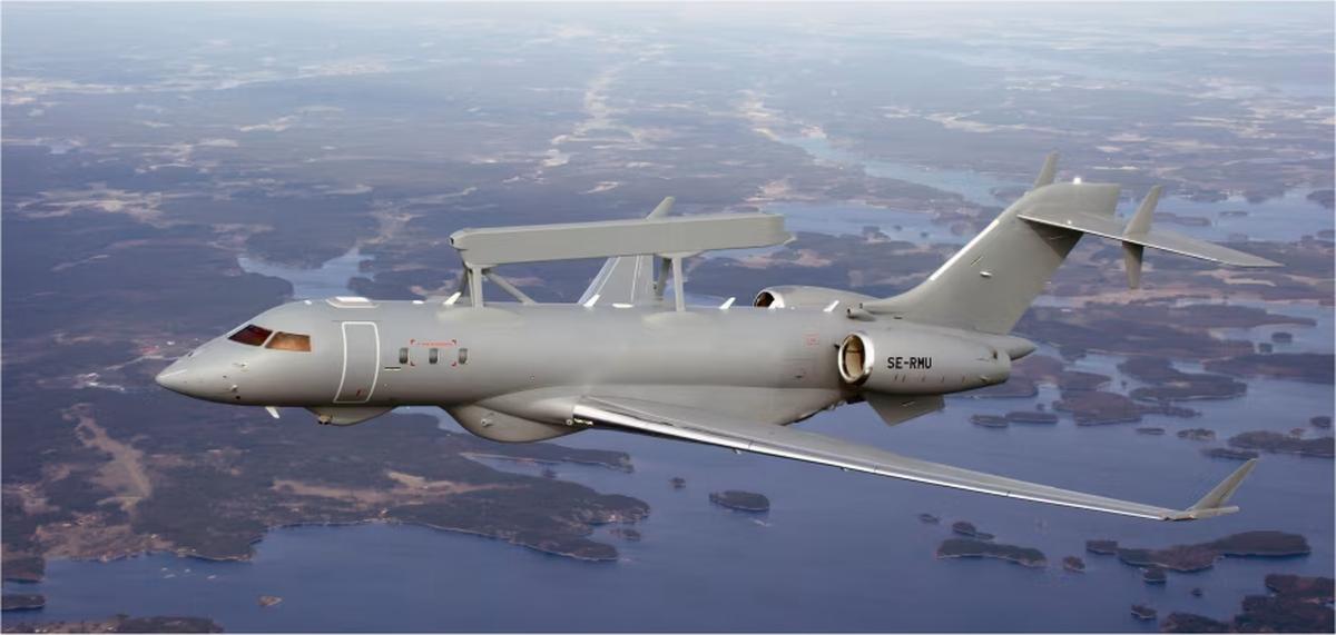 Bombardier defence news: Global 6500 special-mission aircraft equipped with AESA radar flying over a coastal archipelago