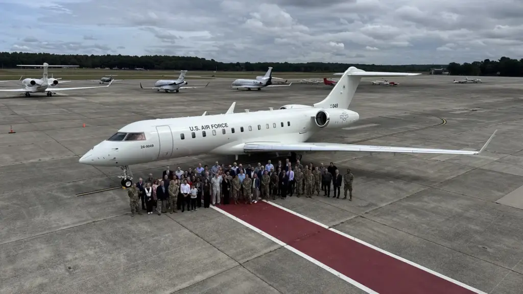 Bombardier BACN delivery: ninth E-11A Global handover ceremony at Hanscom Air Force Base, Massachusetts, September 10, 2025.
