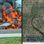 Side-by-side image of the Naples Bombardier Challenger 604 crash: burning wreckage of N823KD on I-75 and NTSB FDR map overlay of the final approach to Naples.