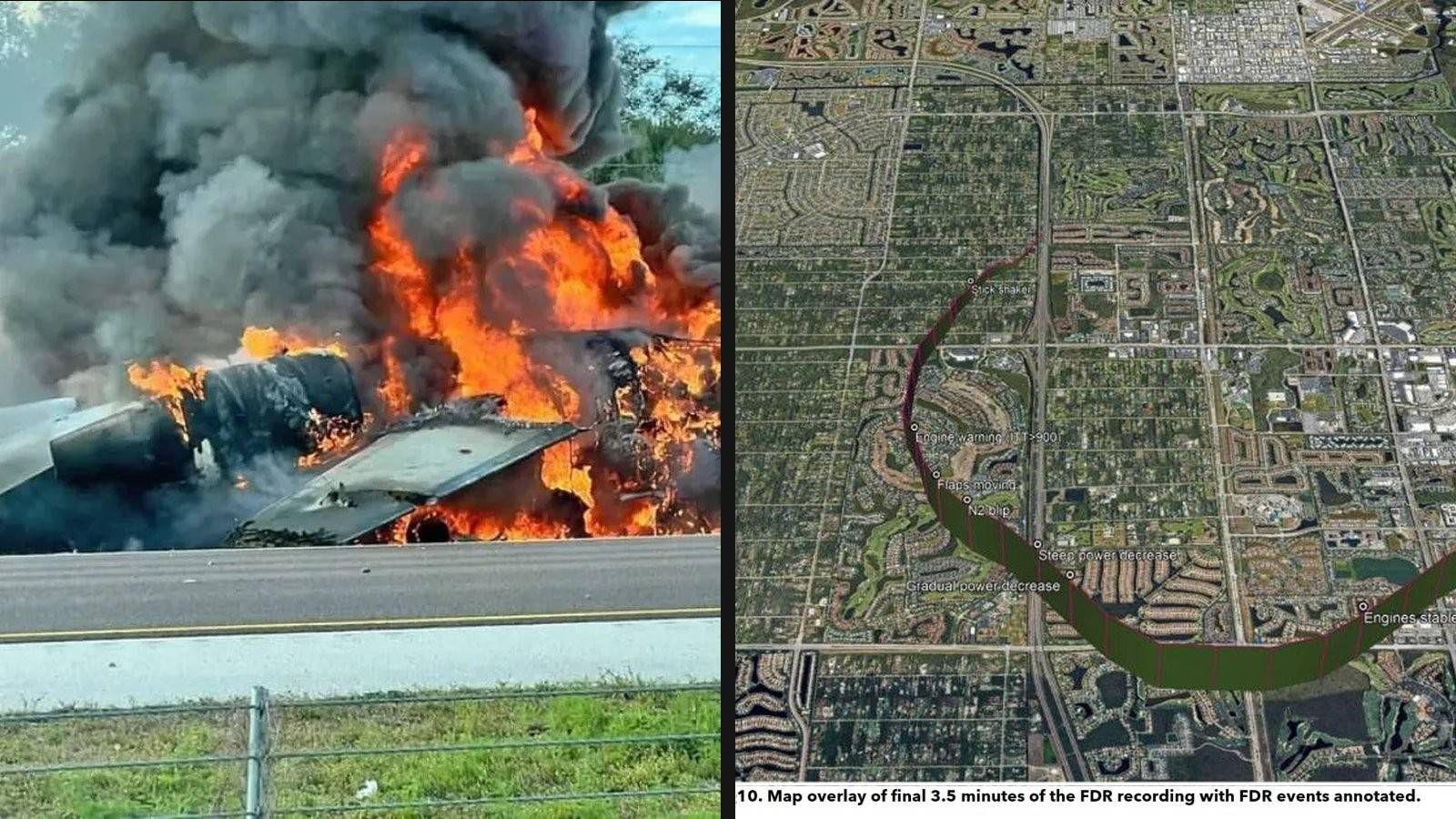 Side-by-side image of the Naples Bombardier Challenger 604 crash: burning wreckage of N823KD on I-75 and NTSB FDR map overlay of the final approach to Naples.