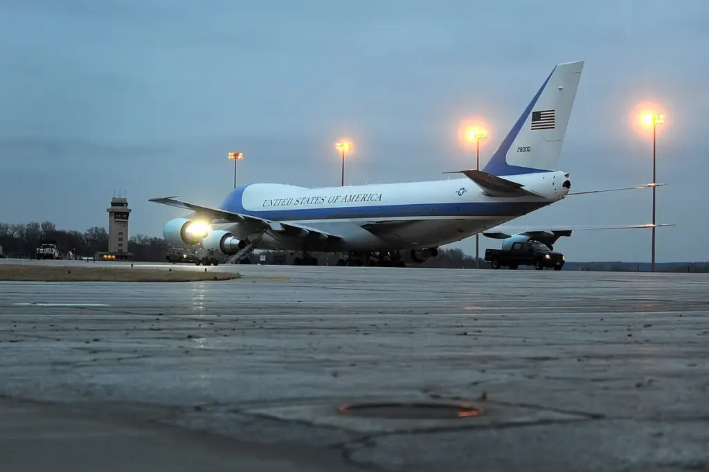 VC-25A Air Force One aircraft sits on a ramp at Offutt Air Force Base, Nebraska 