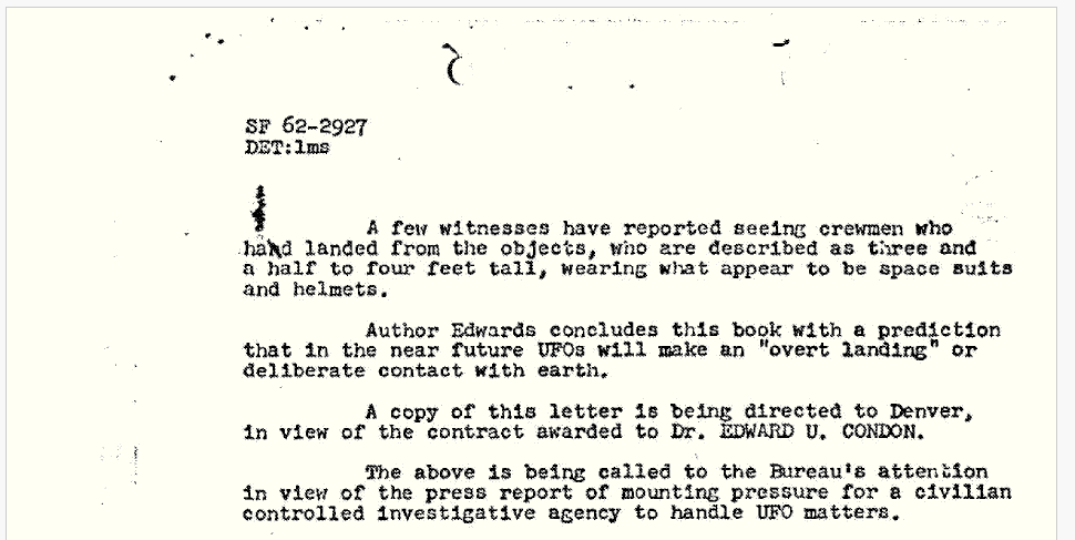 1966 FBI memo excerpt describing reported UFO crewmen three-and-a-half to four feet tall wearing apparent space suits and helmets.